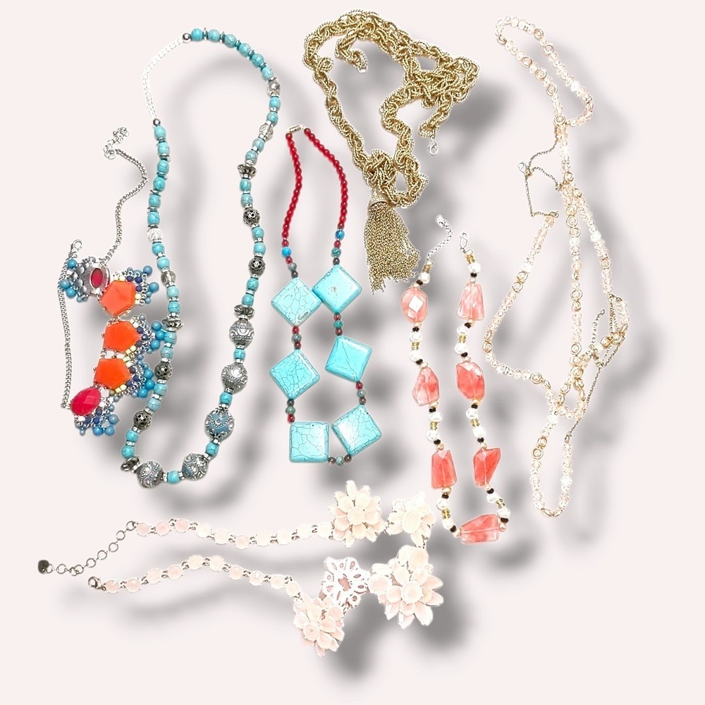 VTG Statement Necklace Lot OS Women Beaded Boho Turquoise Tassel Y2K Fashion